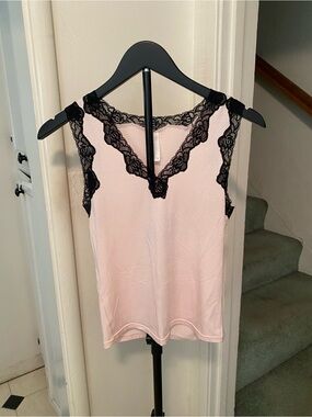 Hillard & Hanson Pink Camisole Tank with Black Lace Trim size small